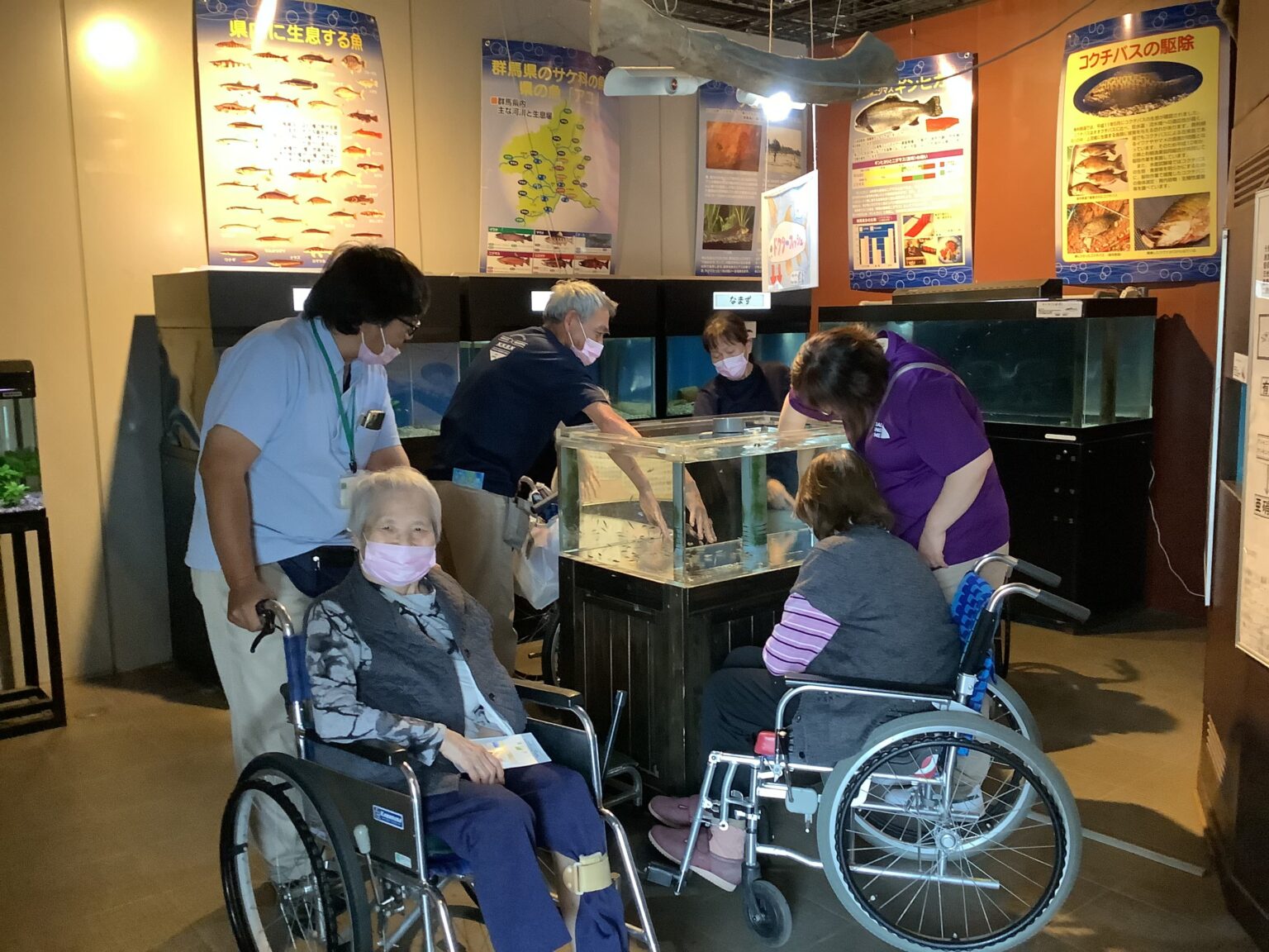 水族館を訪問する入居者と職員。車椅子利用者を含む複数の高齢者が展示を観覧している。